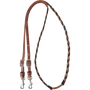 Black latigo laced barrel rein, coiled and seen from above. The 5/8-inch harness leather rein is laced with black latigo through the grip section and ends in buckles with keeper snaps.