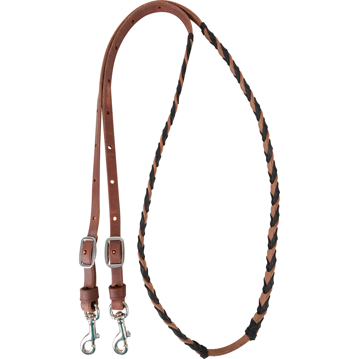 Black latigo laced barrel rein, coiled and seen from above. The 5/8-inch harness leather rein is laced with black latigo through the grip section and ends in buckles with keeper snaps.