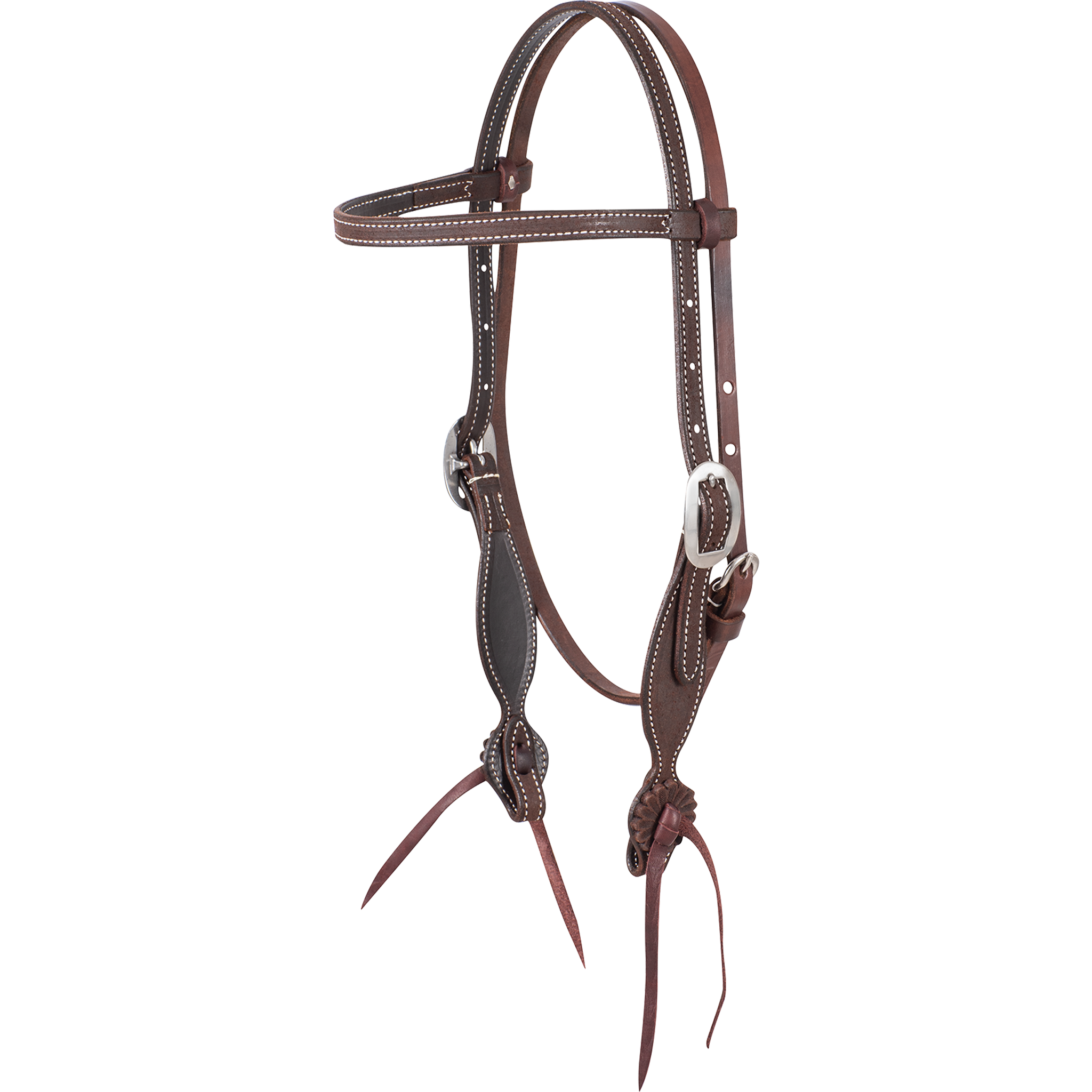 Chocolate roughout browband headstall with rosette strings, seen from the front quarter. The 5/8-inch stitched straps have cart buckles, and rosettes with latigo ties sit at the bit ends.