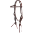 Chocolate roughout browband headstall with rosette strings, seen from the front quarter. The 5/8-inch stitched straps have cart buckles, and rosettes with latigo ties sit at the bit ends.