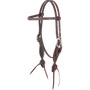 Chocolate roughout browband headstall with rosette strings, seen from the front quarter. The 5/8-inch stitched straps have cart buckles, and rosettes with latigo ties sit at the bit ends.