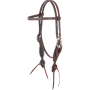 Chocolate roughout browband headstall with rosette strings, seen from the front quarter. The 5/8-inch stitched straps have cart buckles, and rosettes with latigo ties sit at the bit ends.