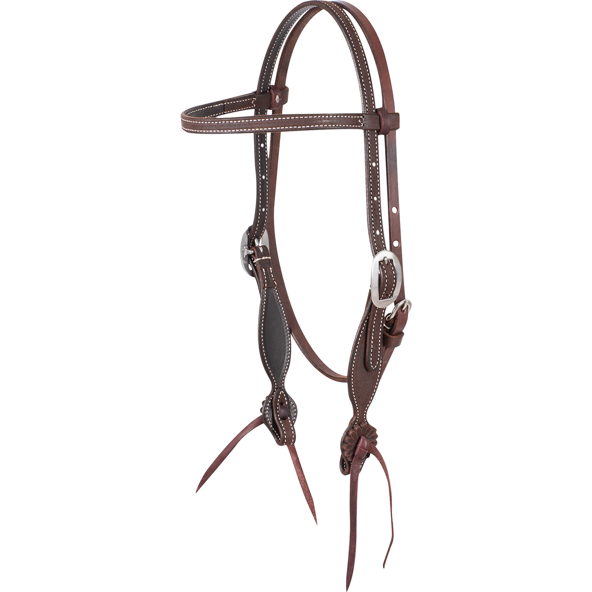 Chocolate roughout browband headstall with rosette strings, seen from the front quarter. The 5/8-inch stitched straps have cart buckles, and rosettes with latigo ties sit at the bit ends.