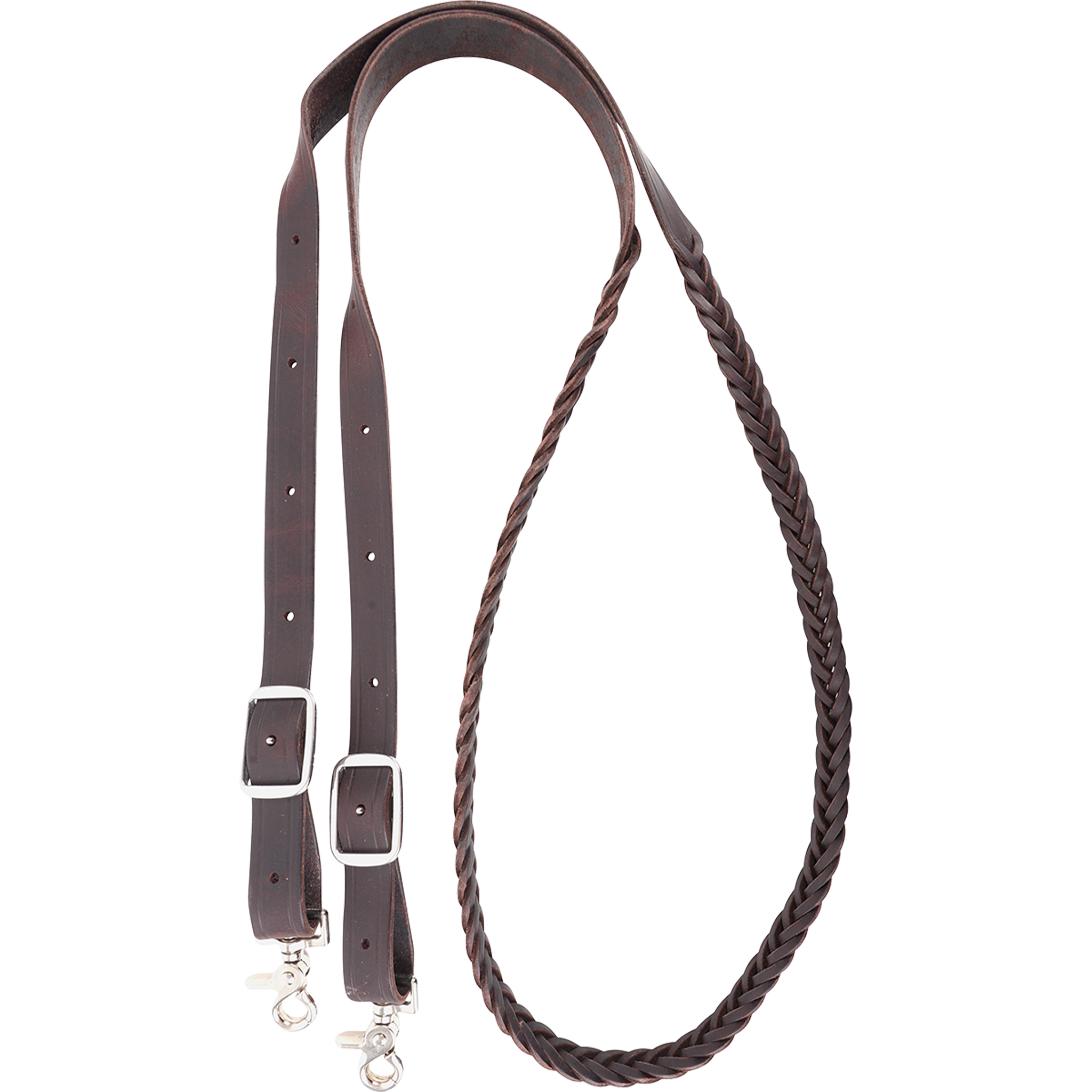 7/8-inch braided latigo roping rein, looped and seen from above. The wide chocolate 5 plait braid meets flat latigo ends with buckles and snaps.
