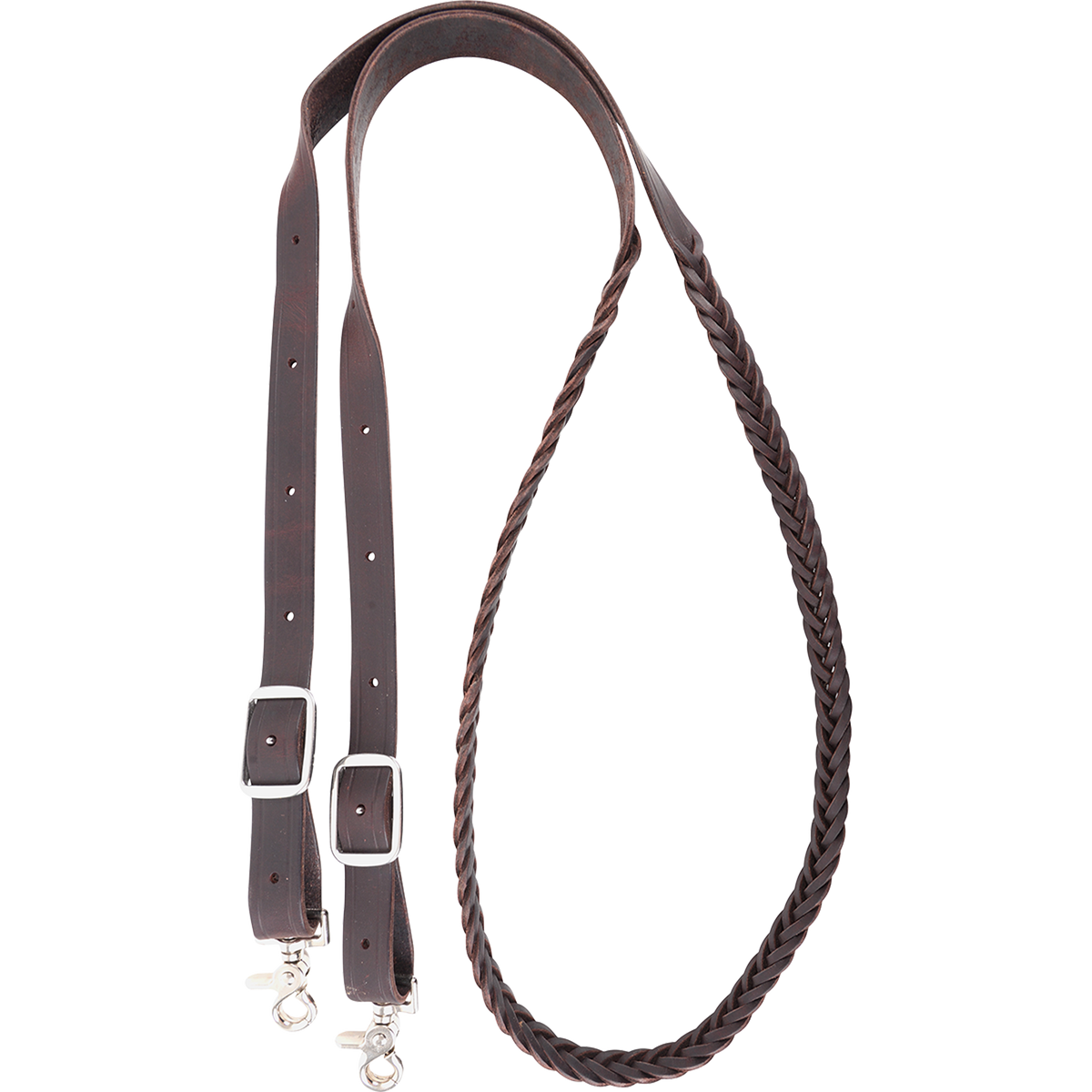 7/8-inch braided latigo roping rein, looped and seen from above. The wide chocolate 5 plait braid meets flat latigo ends with buckles and snaps.