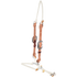 Adjustable rope headsetter tiedown with leather cheek pieces, seen from the front quarter. Buckles on both cheeks set the length between the white poll rope and the rope noseband.