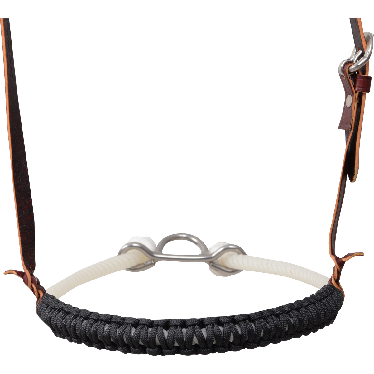 Front of a black braided cord single rope noseband, seen up close. The braided nylon covers the nose piece, with white rope and a metal connector behind it.