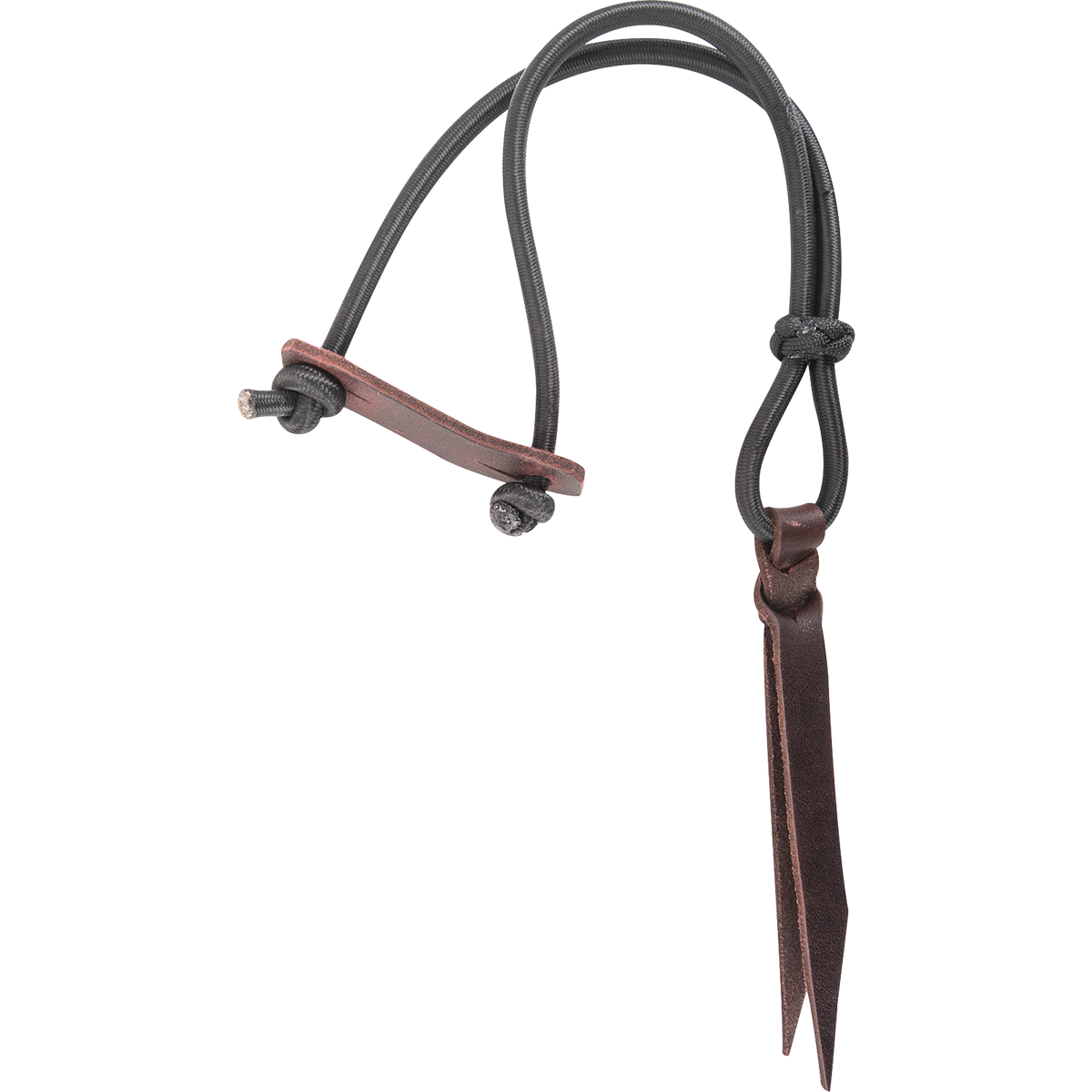 Bungee rope strap laid in a loop, seen from above. Knotted bungee ends pass through a leather bar, and a latigo tie hangs from the other end.