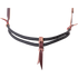 Front of a black double rope noseband, seen up close. The double nylon cord passes through a leather keeper at the center, with leather hangers at each side.