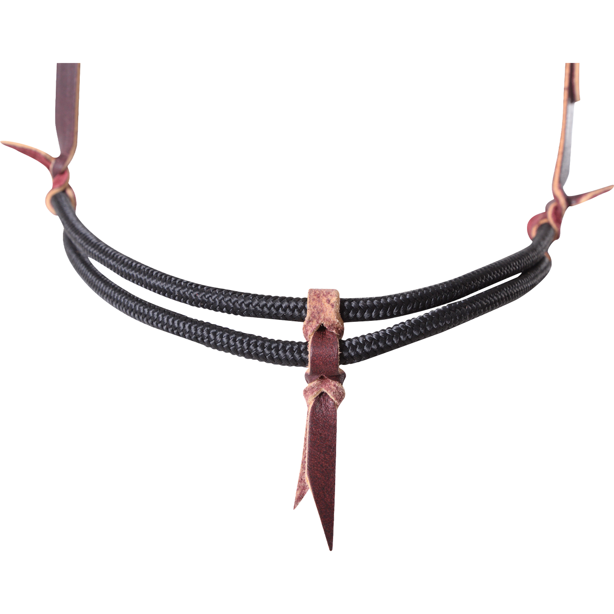 Front of a black double rope noseband, seen up close. The double nylon cord passes through a leather keeper at the center, with leather hangers at each side.