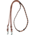 Black latigo laced barrel rein, coiled and seen from above. The 3/4-inch harness leather rein is laced with black latigo through the grip section and ends in buckles with keeper snaps.