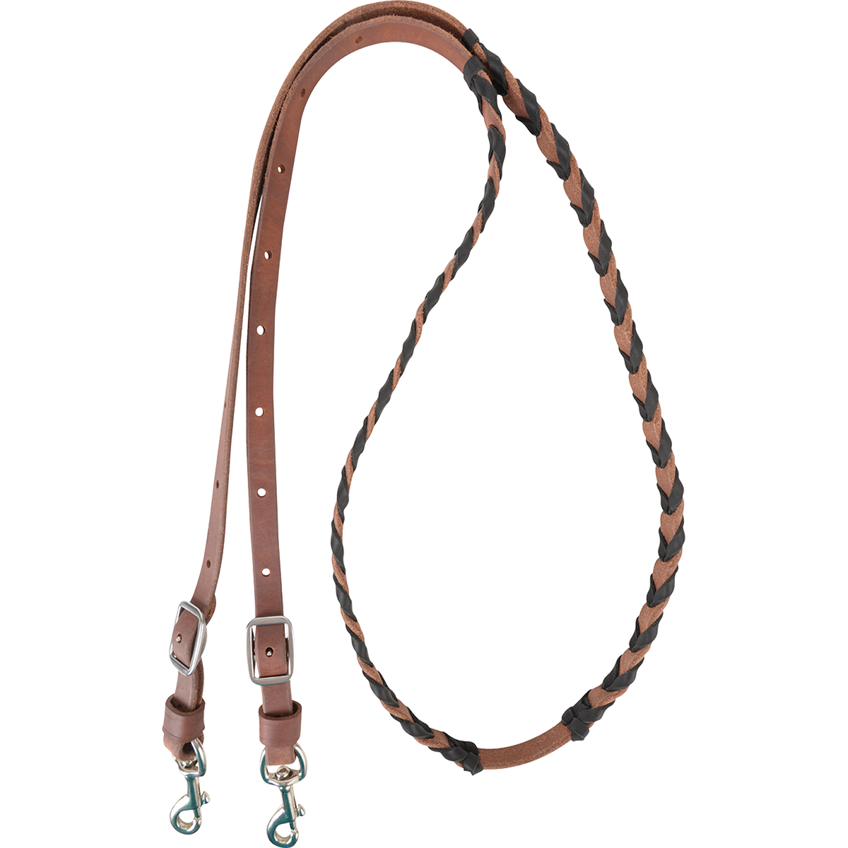 Black latigo laced barrel rein, coiled and seen from above. The 3/4-inch harness leather rein is laced with black latigo through the grip section and ends in buckles with keeper snaps.