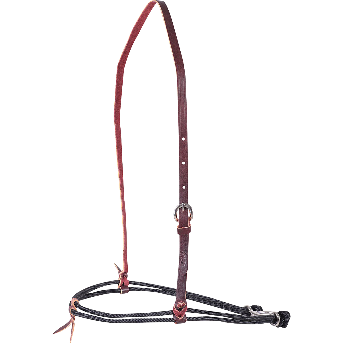 Black double rope noseband in nylon cord, seen from the front quarter. Leather keepers hold the double cord, which hangs from an adjustable leather strap with a buckle.