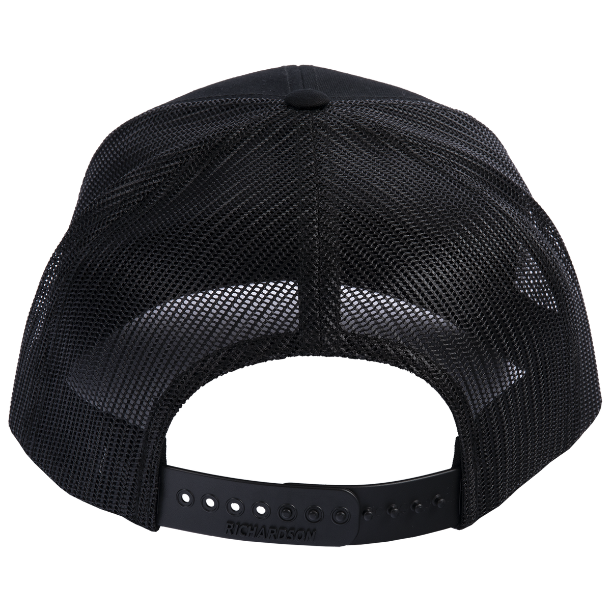 Black trucker cap seen from the back. The mesh panels and adjustable snap closure are visible on this Original Hat x Martin Saddlery cap.
