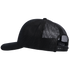 Black trucker cap seen from the side, showing the breathable mesh back and precurved bill. An adjustable snap closure sits at the back of this Martin Saddlery cap.
