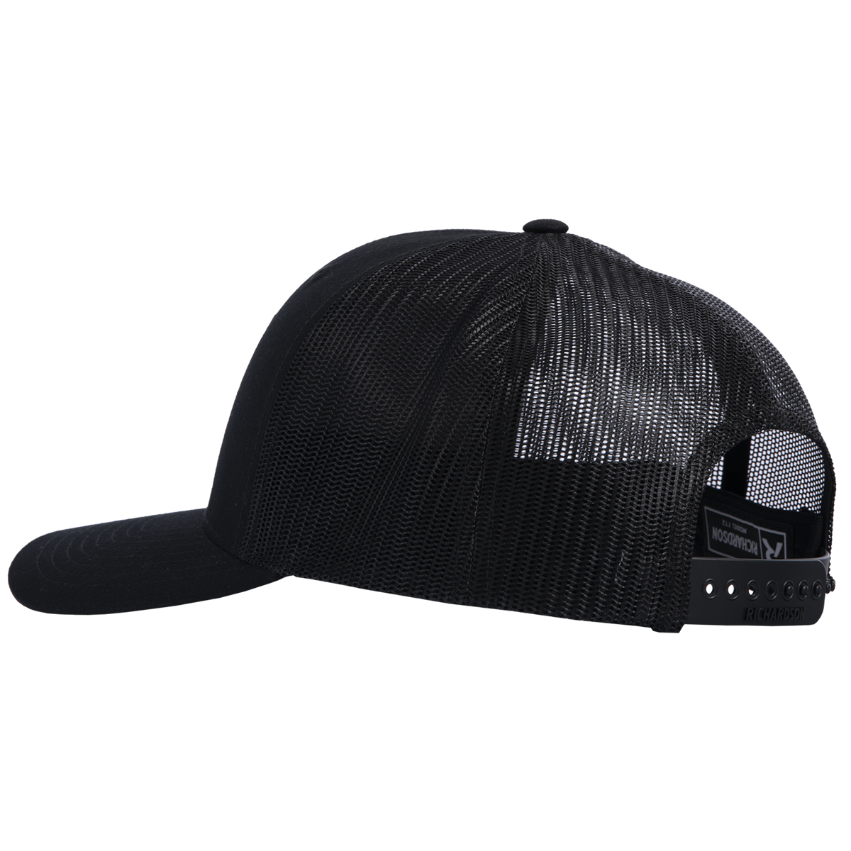 Black trucker cap seen from the side, showing the breathable mesh back and precurved bill. An adjustable snap closure sits at the back of this Martin Saddlery cap.