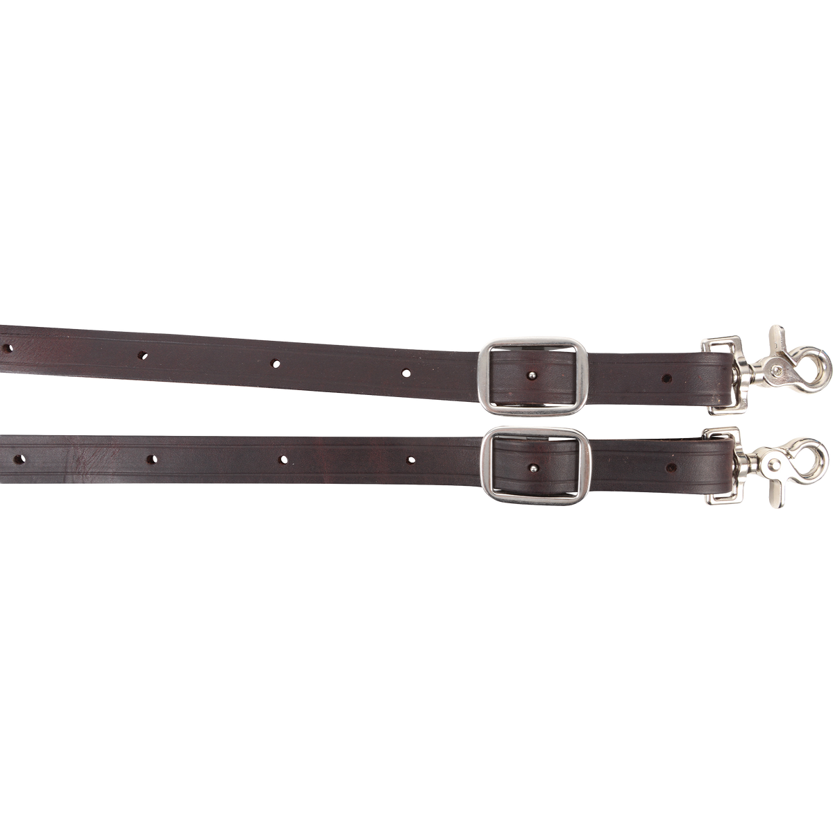 Ends of a 7/8-inch braided latigo roping rein, seen up close. The flat chocolate latigo straps have adjustment holes, buckles and swivel snaps.