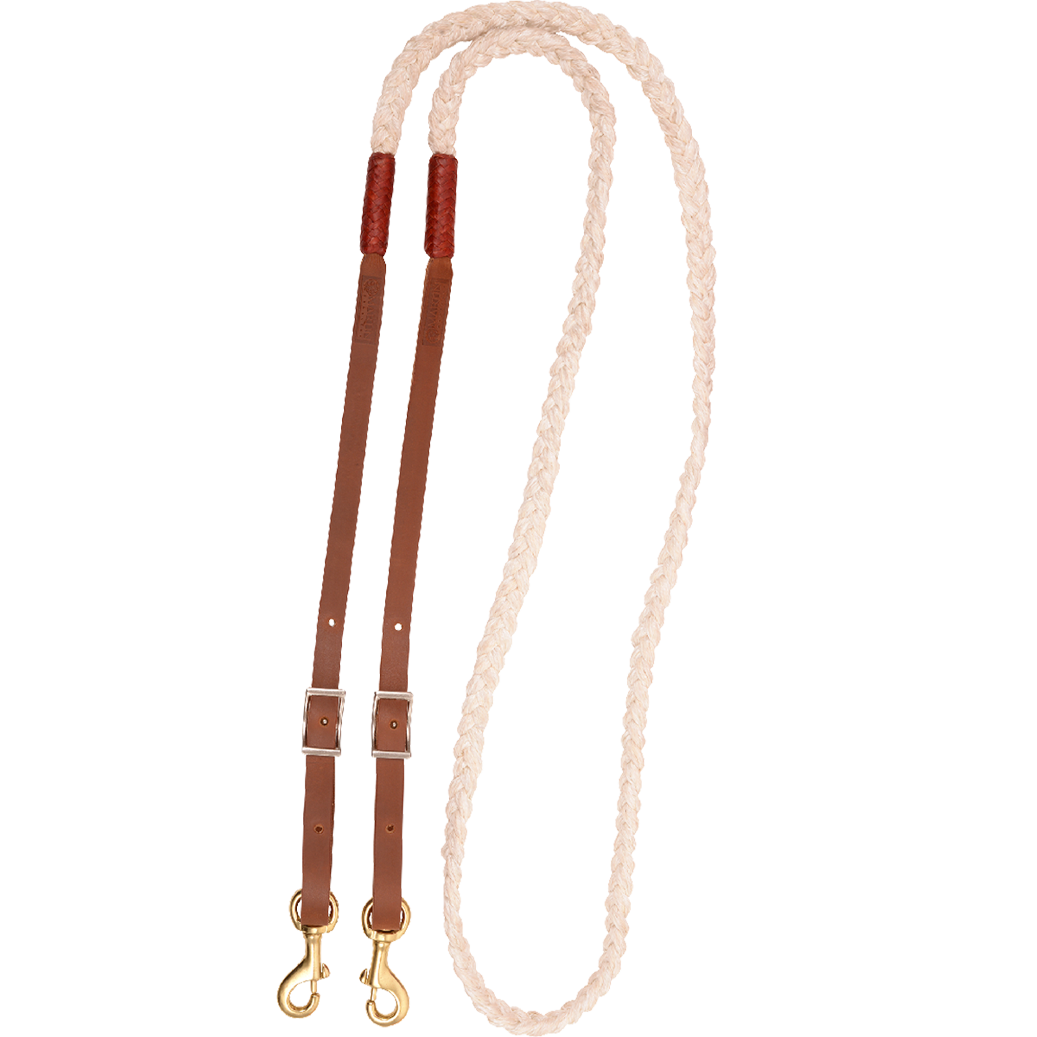 Braided rope roping rein with leather ends, looped and seen from above. The light rope hand section joins brown leather straps with buckles and snaps.