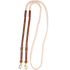 Braided rope roping rein with leather ends, looped and seen from above. The light rope hand section joins brown leather straps with buckles and snaps.