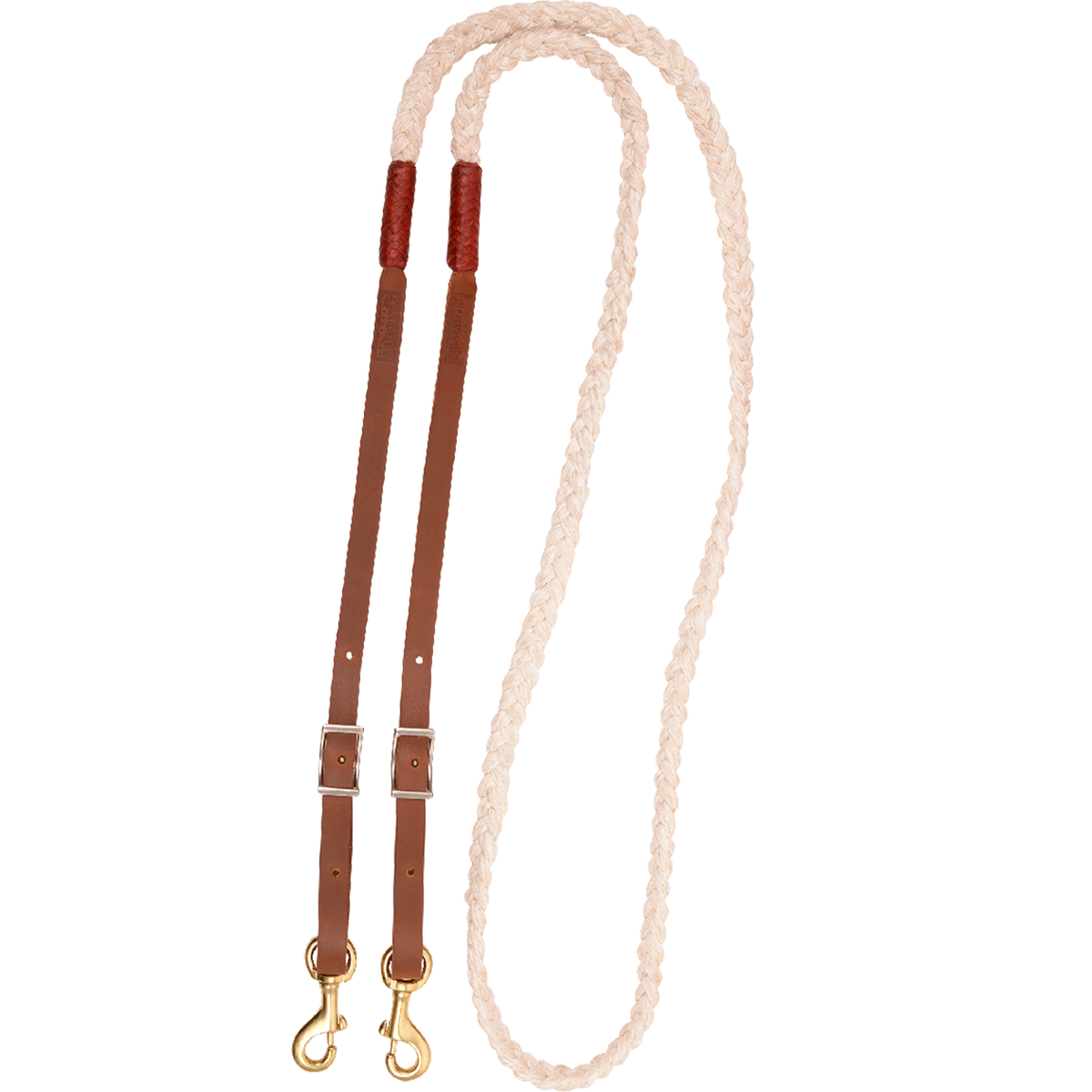 Braided rope roping rein with leather ends, looped and seen from above. The light rope hand section joins brown leather straps with buckles and snaps.