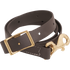 Brown BioThane tie-down strap, coiled and seen up close. The 1-inch strap has a square buckle, punched adjustment holes and a snap stitched to the end.