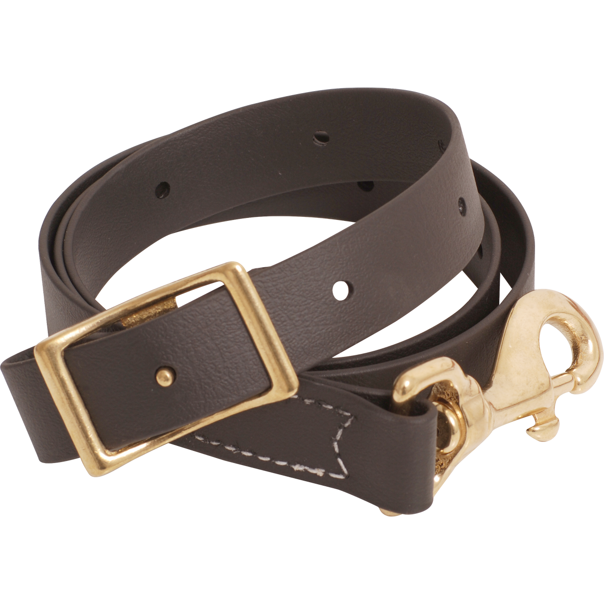 Brown BioThane tie-down strap, coiled and seen up close. The 1-inch strap has a square buckle, punched adjustment holes and a snap stitched to the end.