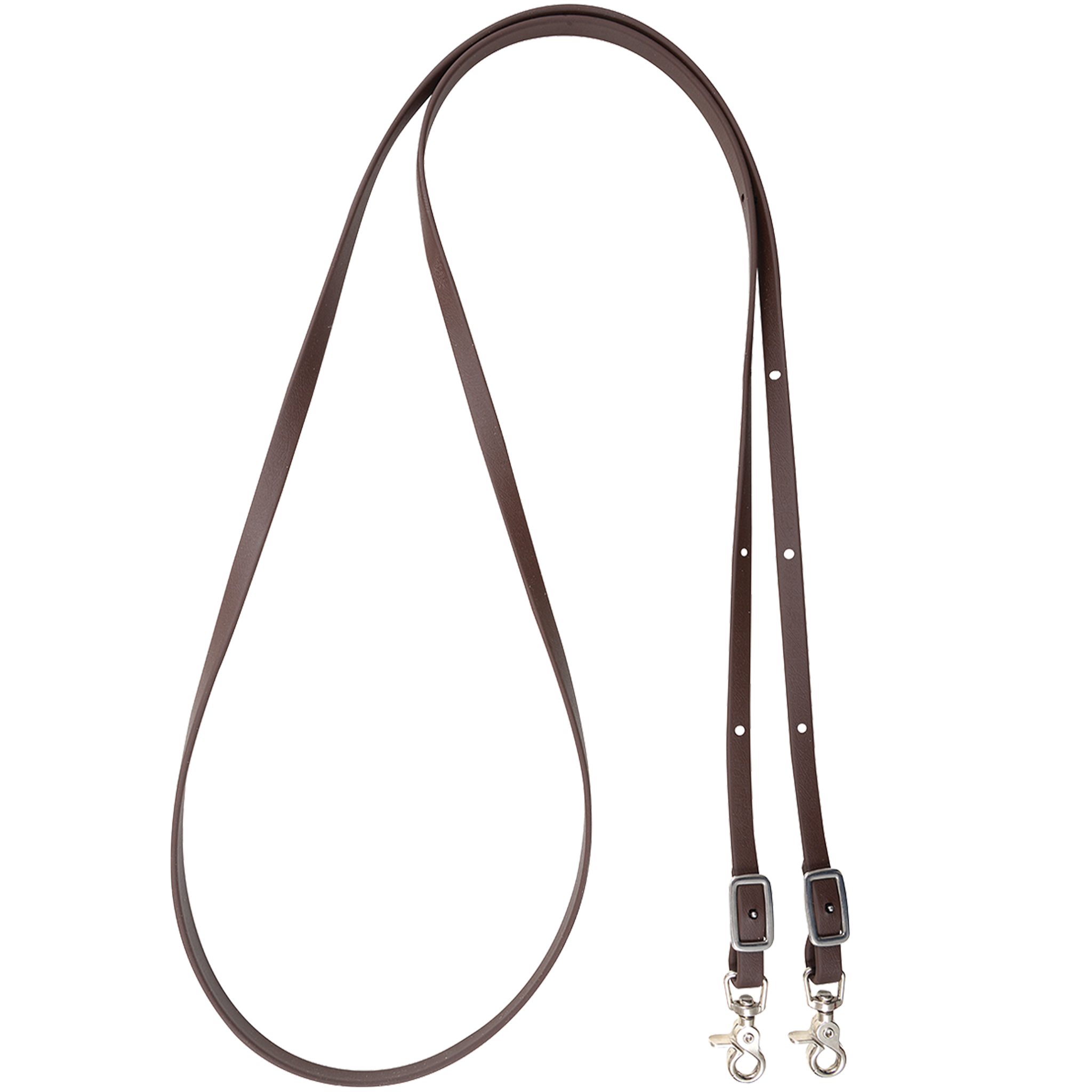 Brown BioThane roping rein, looped and seen from above. The smooth 5/8-inch rein has buckles for adjustment and a snap at each end.