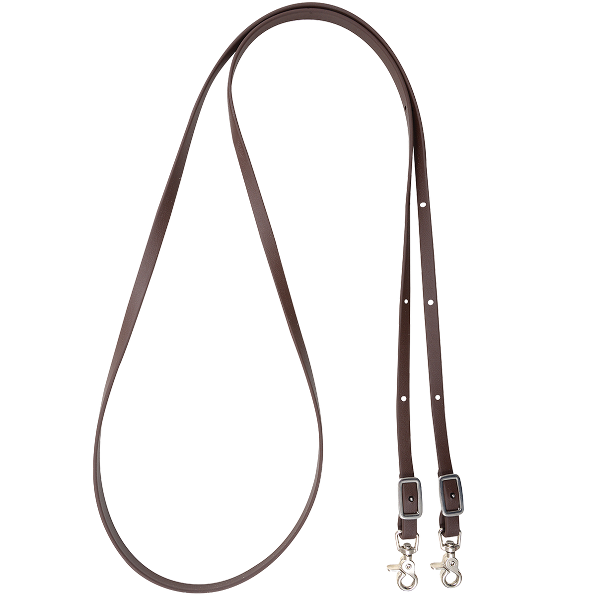 Brown BioThane roping rein, looped and seen from above. The smooth 5/8-inch rein has buckles for adjustment and a snap at each end.