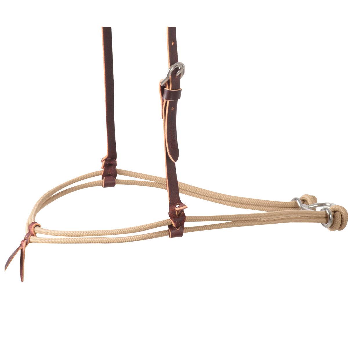 Brown nylon cord nose piece of a double rope noseband, seen from the side. Leather keepers space the cords, which run back to metal hardware below a strap with a buckle.
