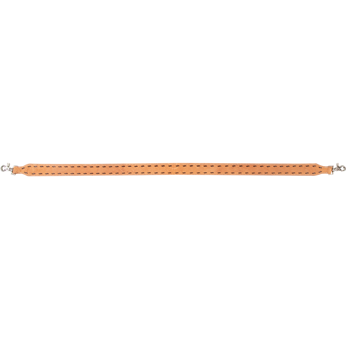 Natural buckstitched rope can strap laid out straight, seen from above. The strap runs between swivel snaps with chocolate buckstitching along its length.