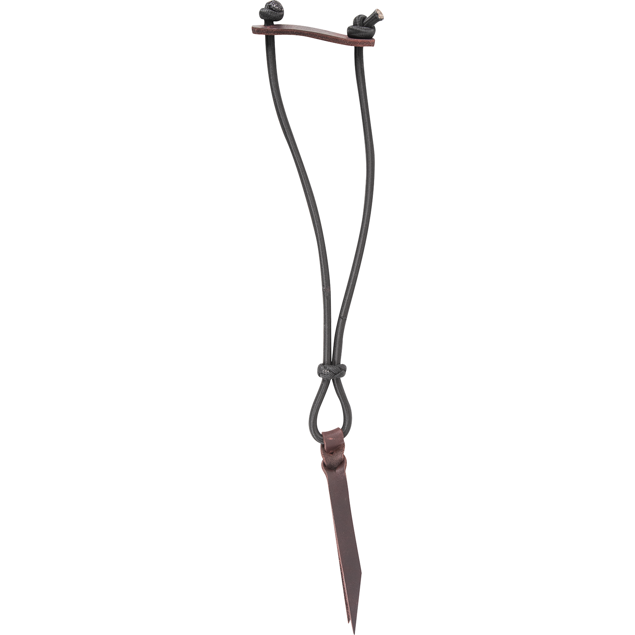 Rope strap with bungee cord, seen hanging straight. Black bungee cord runs from a leather bar at the top to a loop that holds a leather latigo tie.