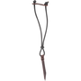 Rope strap with bungee cord, seen hanging straight. Black bungee cord runs from a leather bar at the top to a loop that holds a leather latigo tie.