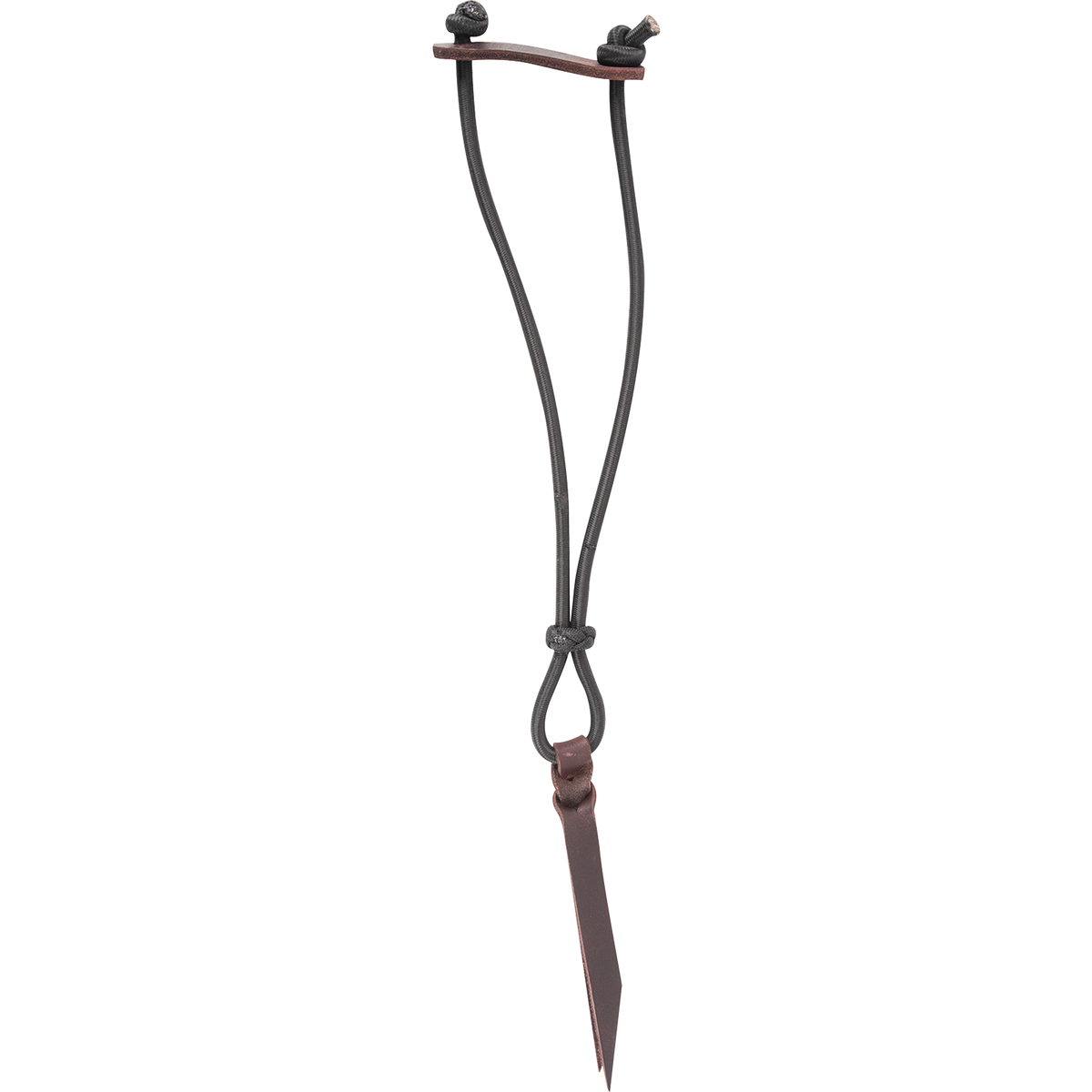 Rope strap with bungee cord, seen hanging straight. Black bungee cord runs from a leather bar at the top to a loop that holds a leather latigo tie.