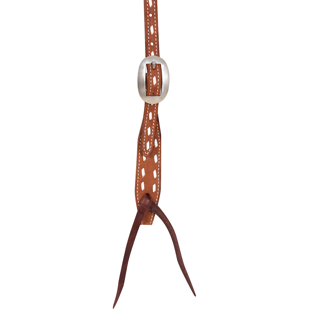 Chestnut buckstitch headstall cheek seen up close, with a cart buckle above a buckstitched end and a latigo bit tie. White stitching frames the edges.