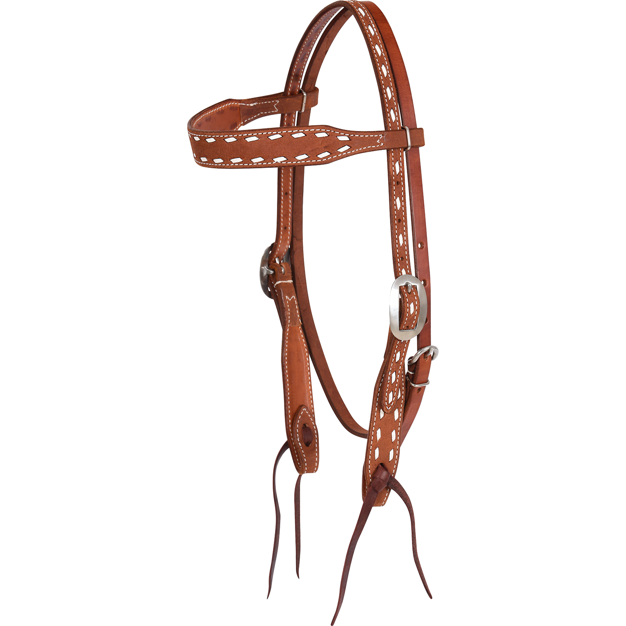 Chestnut buckstitched browband headstall, seen from the front quarter. White buckstitch runs along the shaped browband and cheeks of the roughout leather, with cart buckles and latigo bit ties.