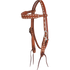 Chestnut buckstitched browband headstall, seen from the front quarter. White buckstitch runs along the shaped browband and cheeks of the roughout leather, with cart buckles and latigo bit ties.