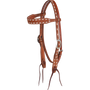Chestnut buckstitched browband headstall, seen from the front quarter. White buckstitch runs along the shaped browband and cheeks of the roughout leather, with cart buckles and latigo bit ties.
