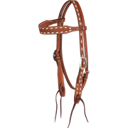 Chestnut buckstitched browband headstall, seen from the front quarter. White buckstitch runs along the shaped browband and cheeks of the roughout leather, with cart buckles and latigo bit ties.