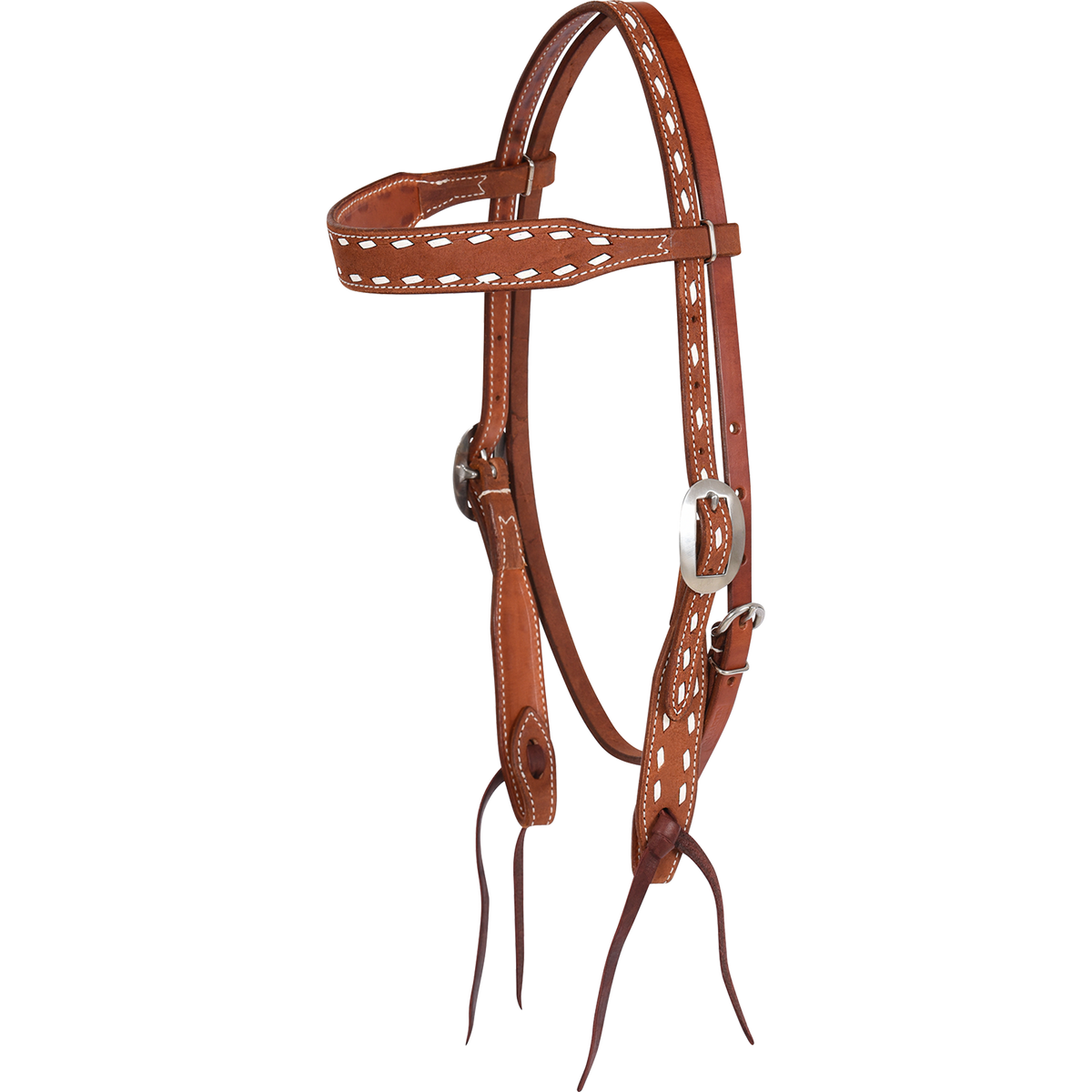 Chestnut buckstitched browband headstall, seen from the front quarter. White buckstitch runs along the shaped browband and cheeks of the roughout leather, with cart buckles and latigo bit ties.