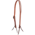 Chestnut buckstitched split ear headstall, seen from the off side. White stitching edges the 3/4-inch straps, with buckstitching on the far cheek and latigo ties at both ends.