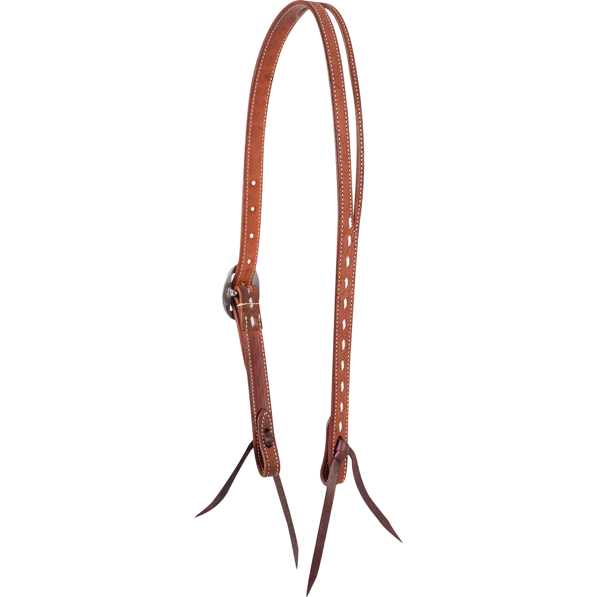 Chestnut buckstitched split ear headstall, seen from the off side. White stitching edges the 3/4-inch straps, with buckstitching on the far cheek and latigo ties at both ends.