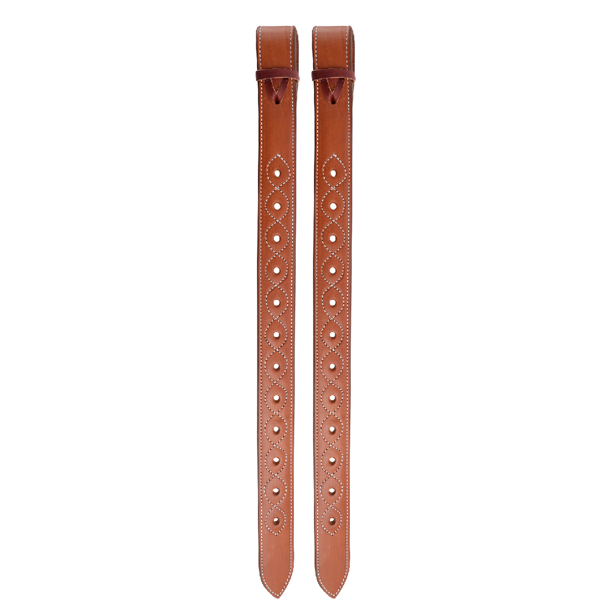Chestnut extra strong flank billets shown as a pair, hanging side by side. White stitching outlines the adjustment holes on the doubled skirting leather billets.