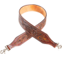 Floral tooled rope can strap in chestnut leather, looped and seen from above. Floral tooling fills the 2-1/4-inch strap inside white stitching, with a swivel snap at each end.