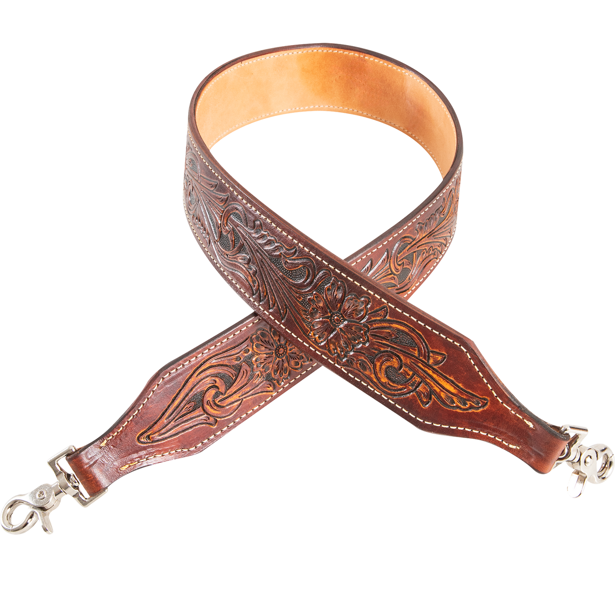 Floral tooled rope can strap in chestnut leather, looped and seen from above. Floral tooling fills the 2-1/4-inch strap inside white stitching, with a swivel snap at each end.