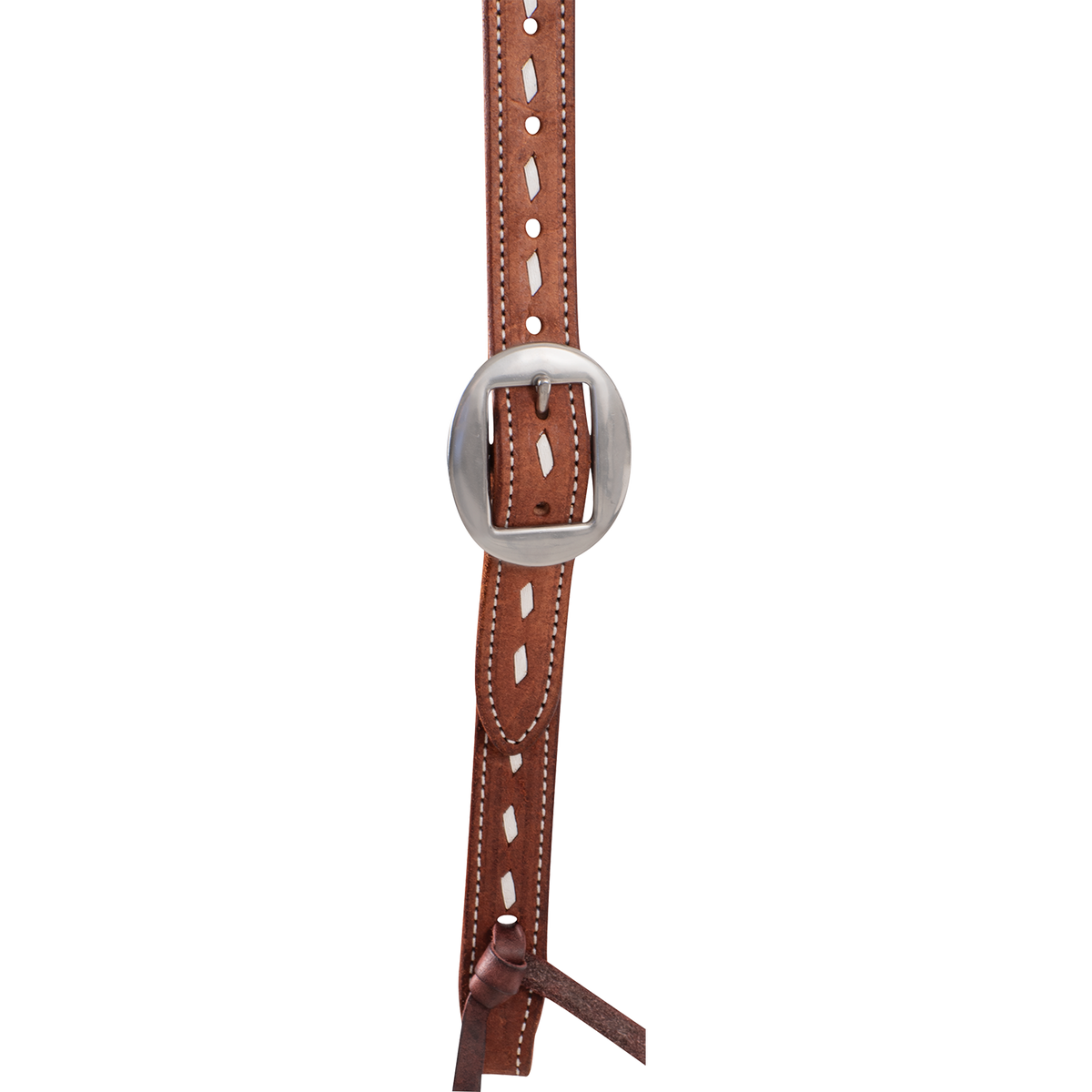 Cart buckle on a chestnut buckstitched headstall cheek, seen up close. White buckstitch lacing runs down the center of the strap between rows of white stitching.