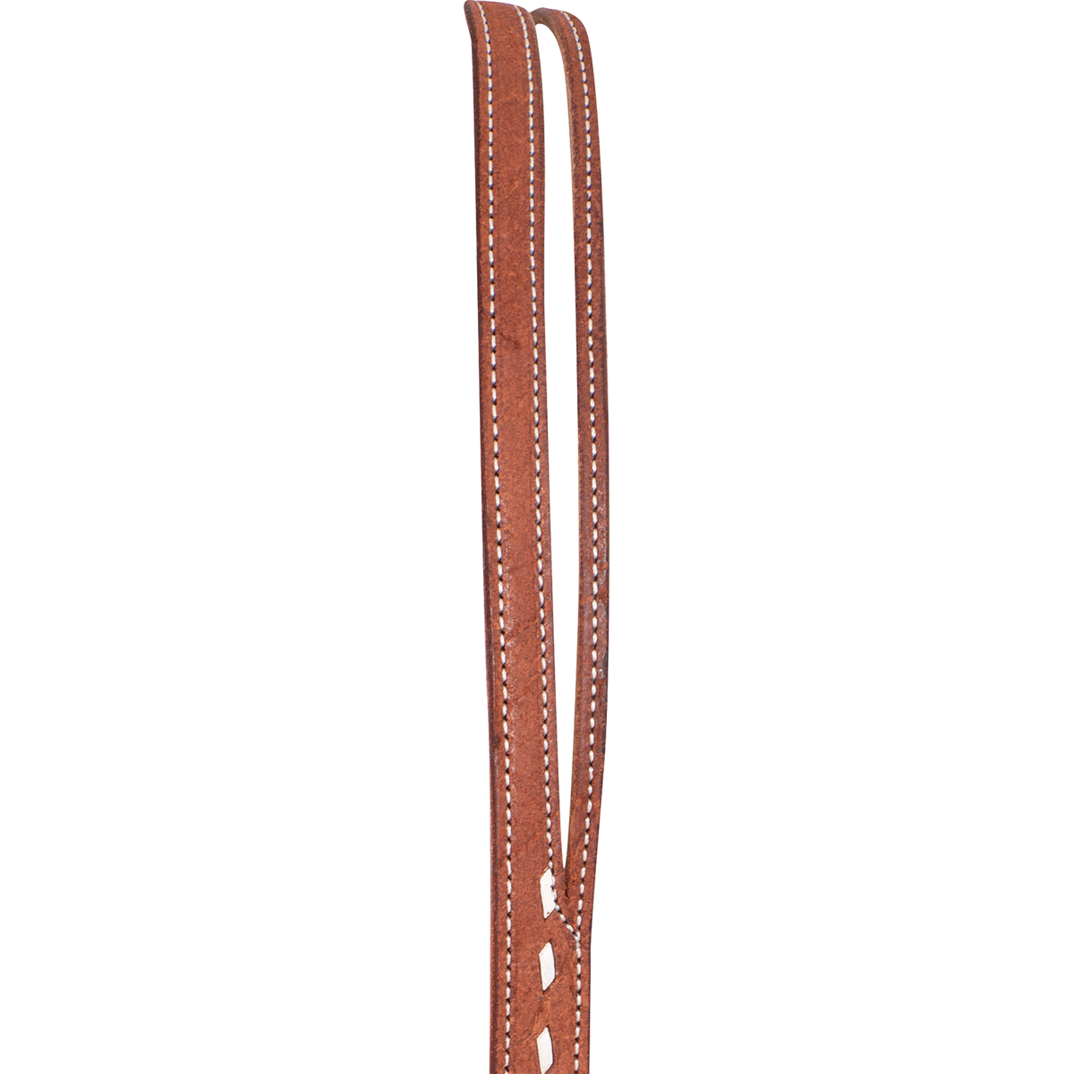 Split ear crown of a chestnut headstall, seen up close. The strap divides for the ear with white stitching along each side, and buckstitching starts below the split.