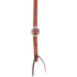 Cart buckle on a chestnut roughout headstall cheek, seen up close. The roughout strap shows its adjustment holes above the buckle and a dark latigo bit tie below.