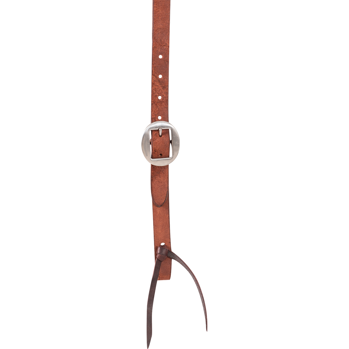 Cart buckle on a chestnut roughout headstall cheek, seen up close. The roughout strap shows its adjustment holes above the buckle and a dark latigo bit tie below.