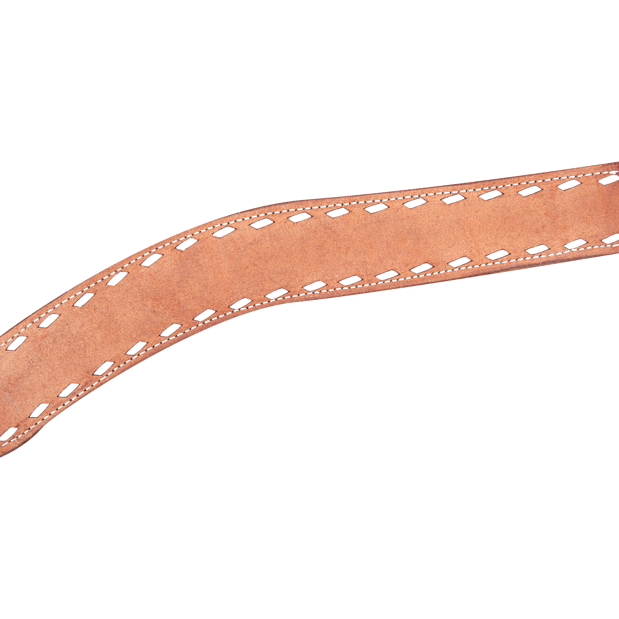 Chestnut roughout leather breast collar strap curving across the frame. White buckstitch runs along both edges inside a line of fine stitching, standing out against the chestnut leather.