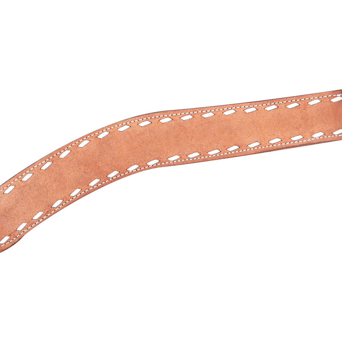Chestnut roughout leather breast collar strap curving across the frame. White buckstitch runs along both edges inside a line of fine stitching, standing out against the chestnut leather.